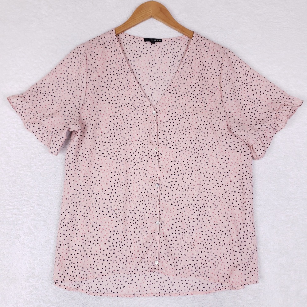 West Kei Blouse Women L Button Up Pink Polka Dot Flutter Sleeve Coastal Grandma